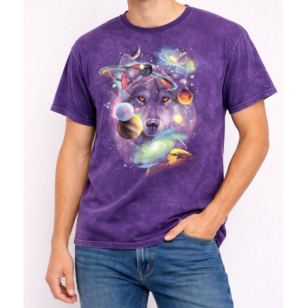 The Mountain Wolf of the Cosmos Space Galaxy Tie Dye Graphic Shirt Purple Medium